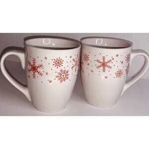 2 Royal Norfolk Winter White with Pink Snowflakes Coffee Mugs Hot Chocolate EUC